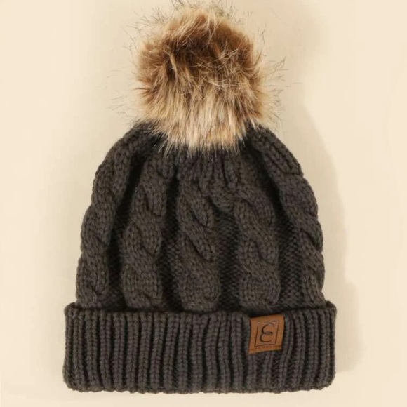 Dark Grey Knit Beanie with Pom Pom - Picture 2 of 2